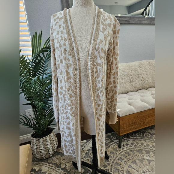 Mesh+Lace- Biege Long Leopard Print Open Sweater Cardigan Sleeve Wmns Sz M NWT - Picture 2 of 9